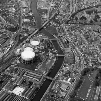 A black and white aerial view of Upper Bristol Road, Bath and the gasworks, Bath 1973